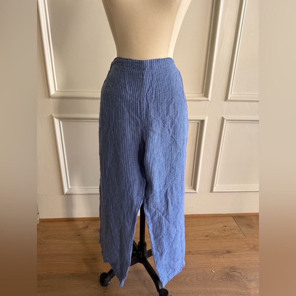 FLAX Blue Striped Linen Capri Pants